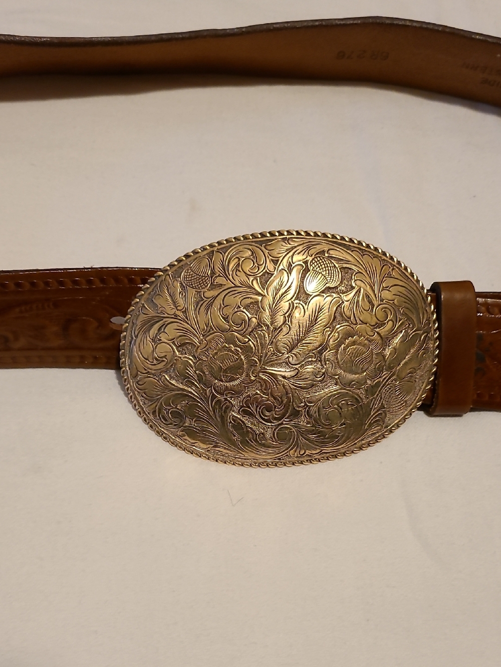 Western Brass Floral Oval Belt Buckle With Leather Steerhide Tooled Belt Size 36